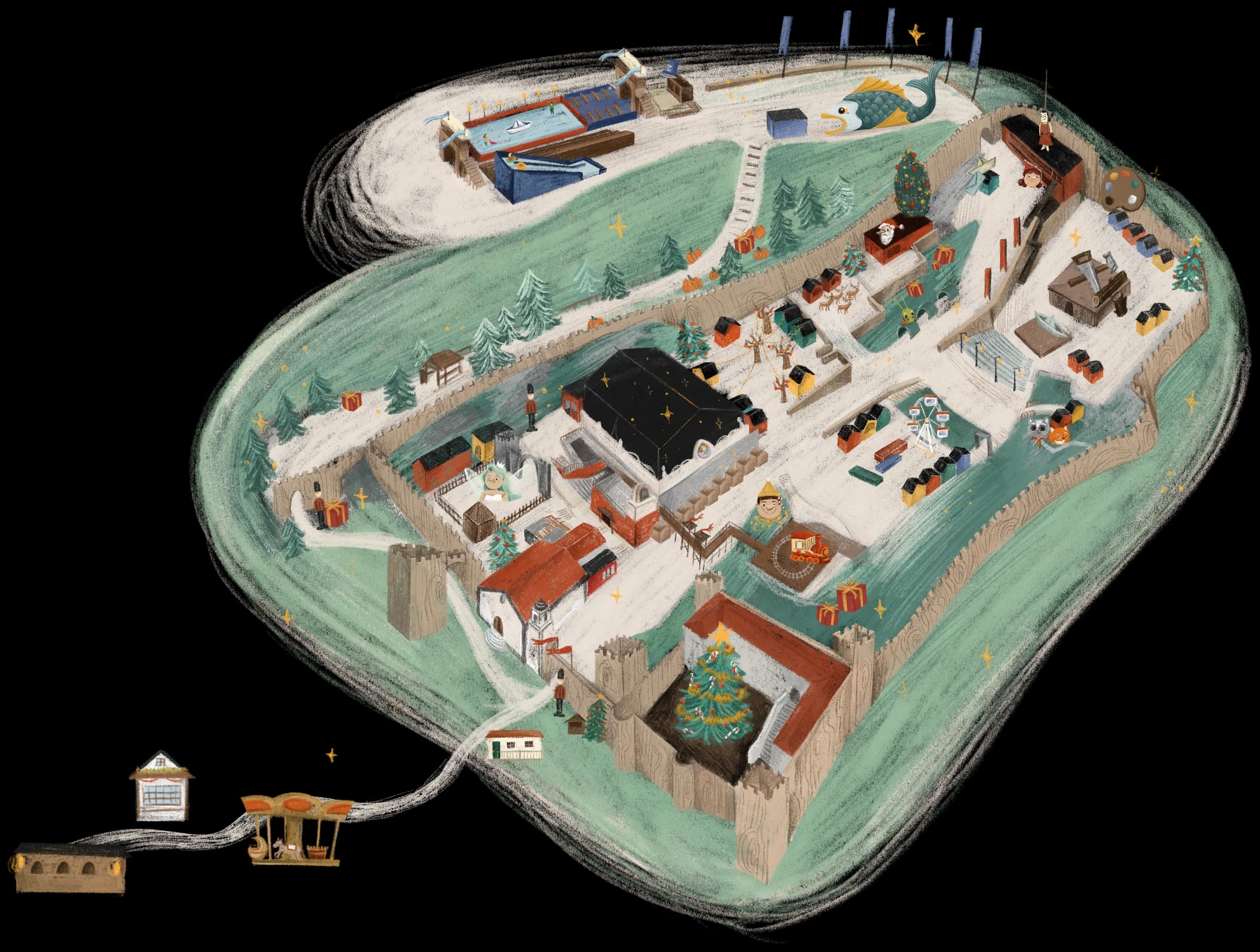 Mapa ilustrado do Óbidos Vila Natal, dentro das muralhas do castelo